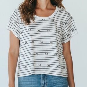 MESSY BUN JUST CHILLIN -‎ CROP STRIPED SHORT SLEEVE TEE - WHITE BLK STRIPES B9